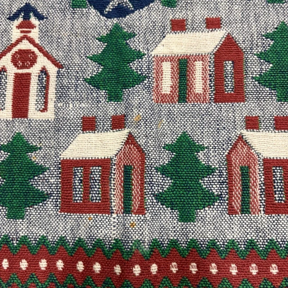 Vintage Christmas Village Woven Tapestry Table Runner Winter Church Stars 53x13